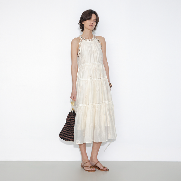 Cubic A-Line Halter Round-Neck Embroidered Maxi Dress Beige