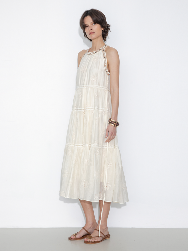 Cubic A-Line Halter Round-Neck Embroidered Maxi Dress Beige