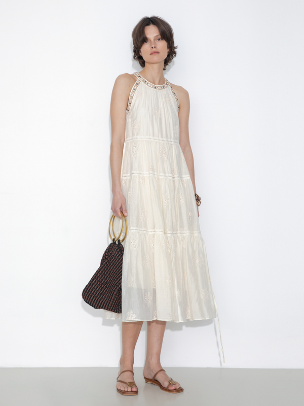 cubic A-Line Halter Round-Neck Embroidered Maxi Dress Beige