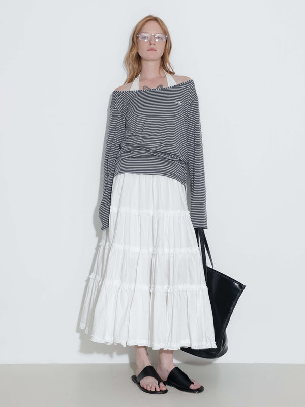 Cubic Adjustable Collar Oversized Stripe Long Sleeve Top FireBrick