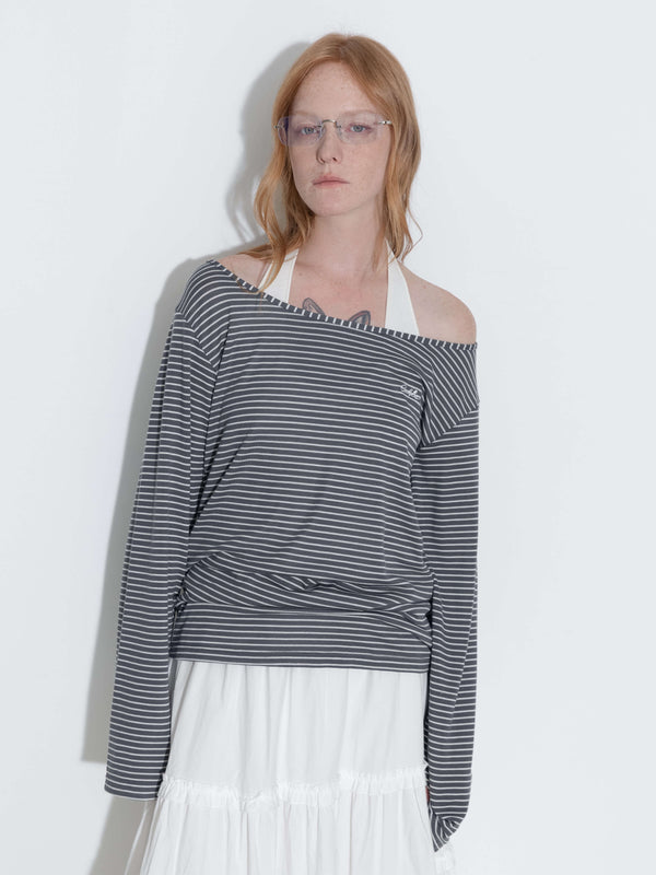 Cubic Adjustable Collar Oversized Stripe Long Sleeve Top FireBrick