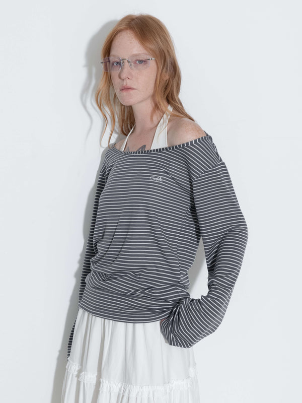 Cubic Adjustable Collar Oversized Stripe Long Sleeve Top FireBrick