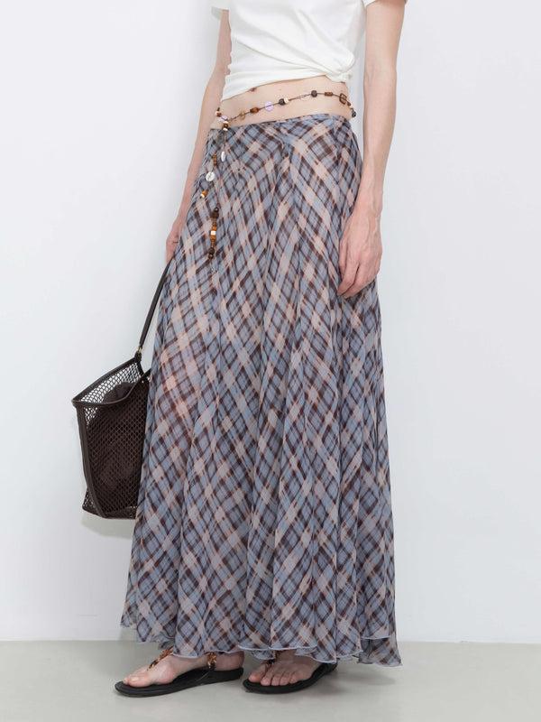 Cubic Asymmetrical Flowy Check Maxi Skirt-Blue Blue