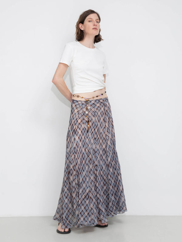 Cubic Asymmetrical Flowy Check Maxi Skirt-Blue Blue