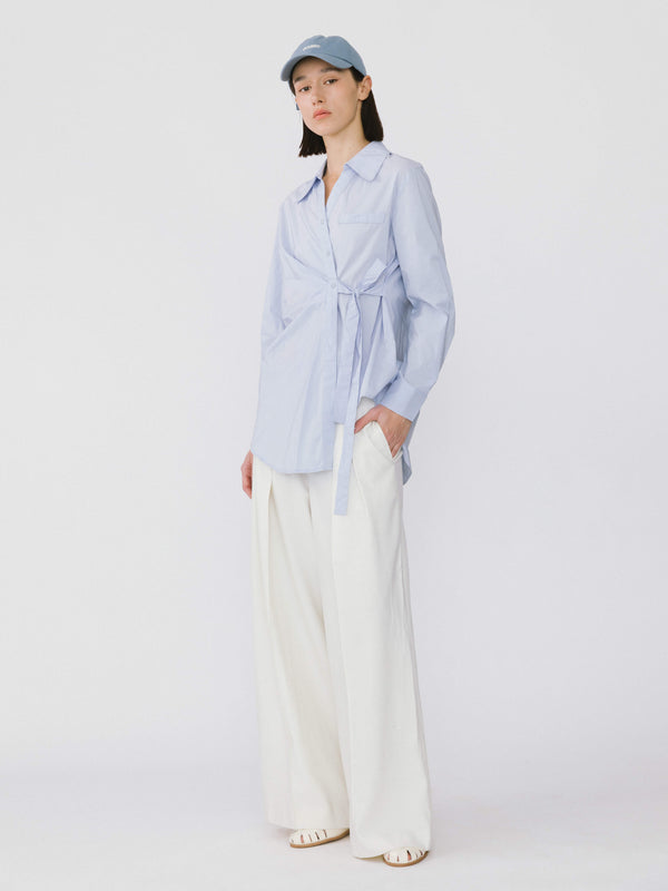 Cubic Asymmetrical Long Shirt With Front Tie Light Blue