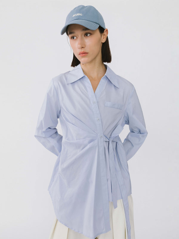 Cubic Asymmetrical Long Shirt With Front Tie Light Blue