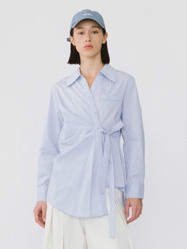 cubic Asymmetrical Long Shirt With Front Tie Light Blue