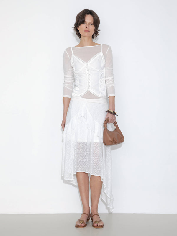 Cubic Asymmetrical Ruffled Floral Eyelet Skirt White