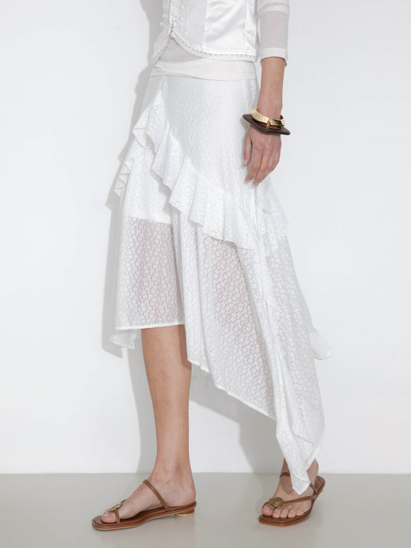 Cubic Asymmetrical Ruffled Floral Eyelet Skirt White