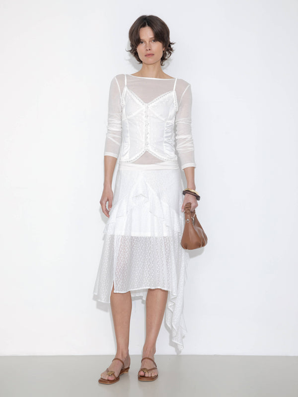 Cubic Asymmetrical Ruffled Floral Eyelet Skirt White