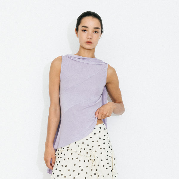 Cubic Asymmetrical Tie-Neck Flowy Sleeveless Top Purple