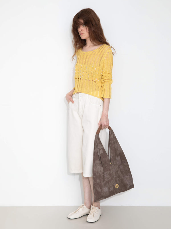 Cubic Beaded Hollow-Out Knit Top With Flare Sleeves Yellow