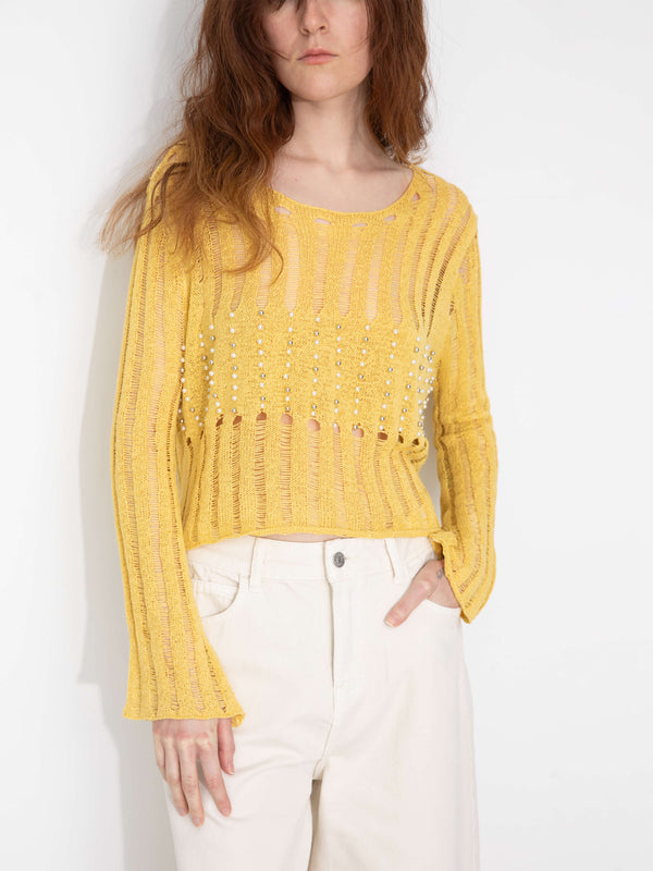 Cubic Beaded Hollow-Out Knit Top With Flare Sleeves Yellow