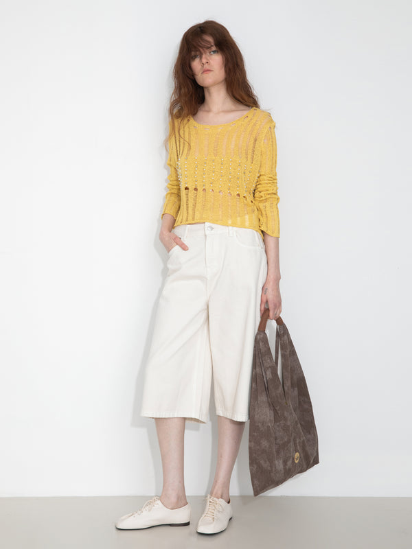 cubic Beaded Hollow-Out Knit Top with Flare Sleeves Yellow
