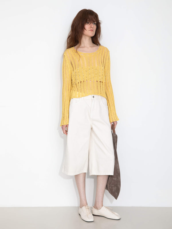 Cubic Beaded Hollow-Out Knit Top With Flare Sleeves Yellow