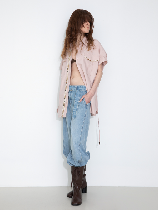 Cubic Beaded Placket Utility Short-Sleeve Shirt Pink