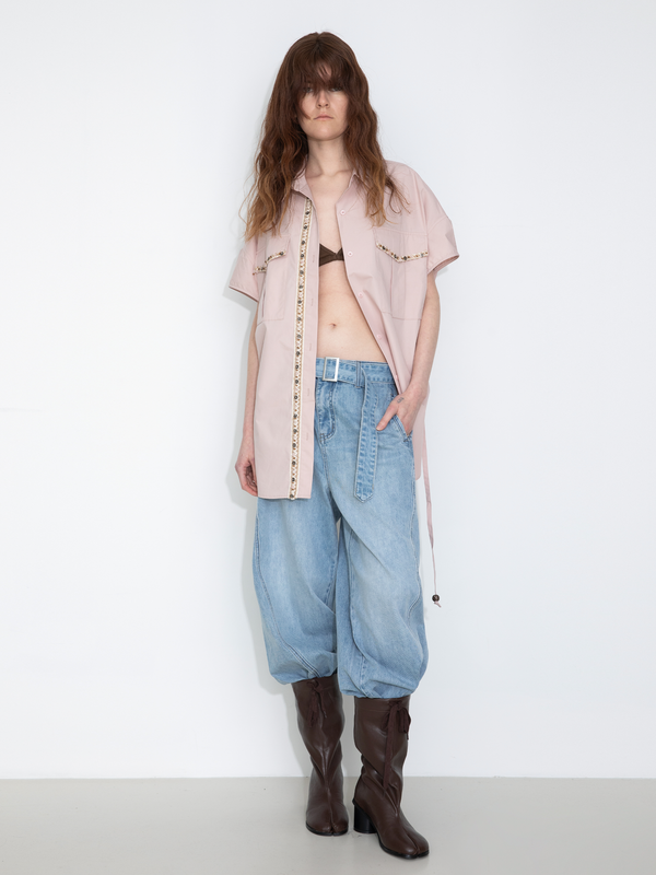 cubic Beaded Placket Utility Short-Sleeve Shirt Pink