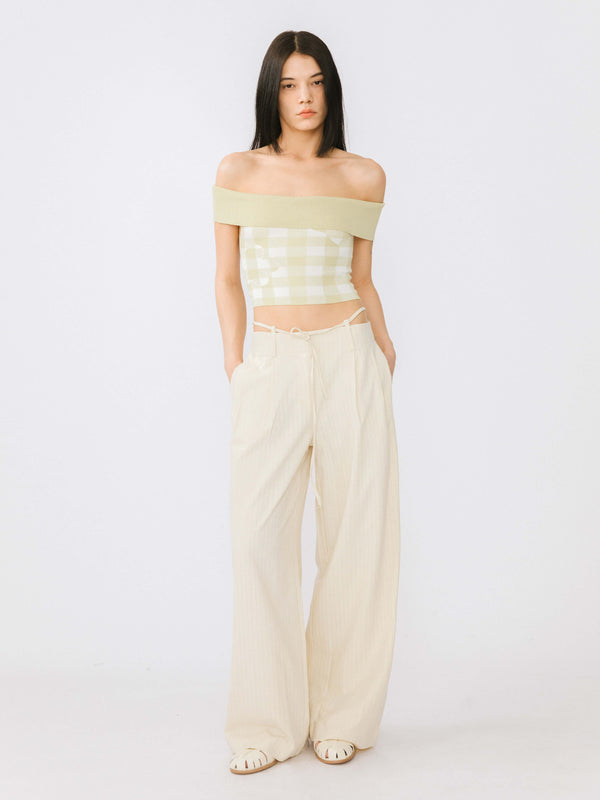 Cubic Beige Vertical Striped Wide Leg Casual Trousers Beige