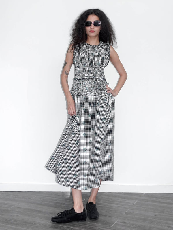 Cubic Black And White Check Floral Sleeveless Dress Gray