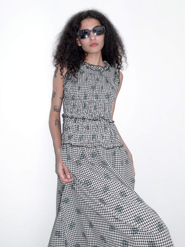 Cubic Black And White Check Floral Sleeveless Dress Gray