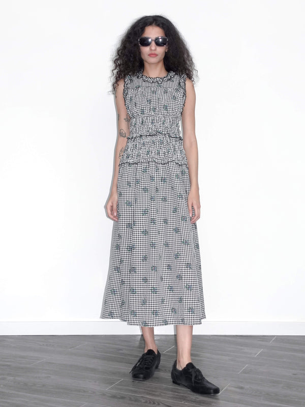 cubic Black and White Check Floral Sleeveless Dress Gray