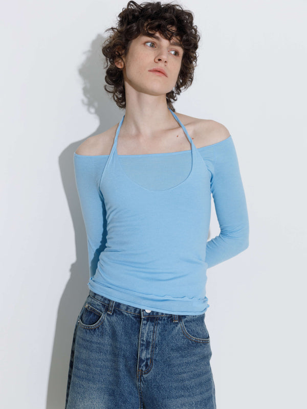 Cubic Blue Halter Neck Knit Top With Wool Blend SkyBlue
