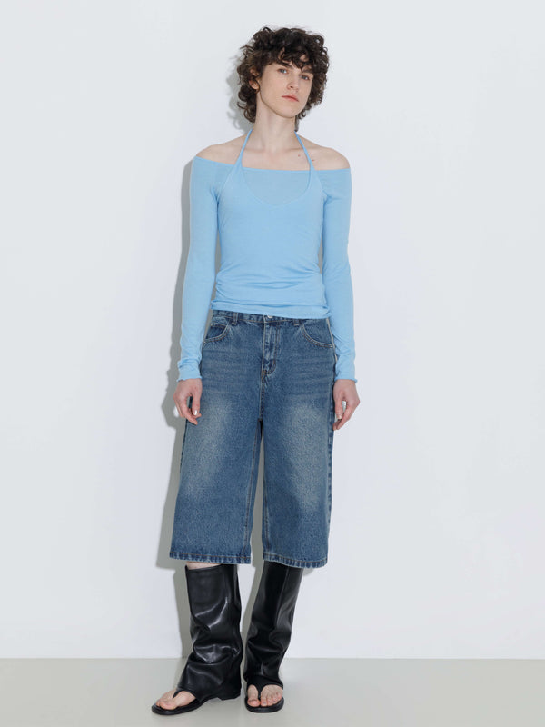 Cubic Blue Halter Neck Knit Top With Wool Blend SkyBlue