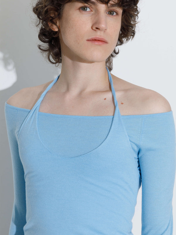 Cubic Blue Halter Neck Knit Top With Wool Blend SkyBlue