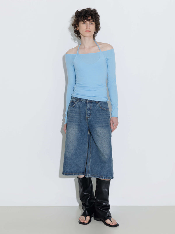 cubic Blue Halter Neck Knit Top with Wool Blend SkyBlue