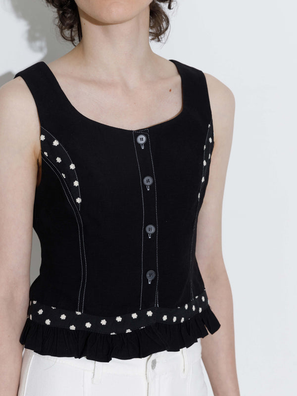 Cubic Buttoned Sleeveless Color-Block Lace Vest Black