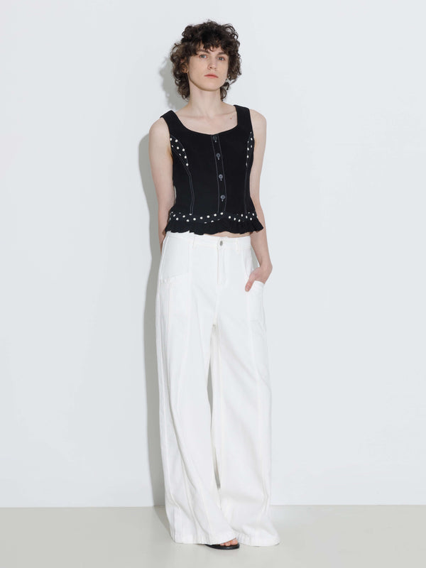 Cubic Buttoned Sleeveless Color-Block Lace Vest Black