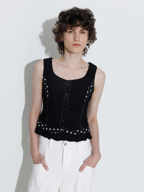 Cubic Buttoned Sleeveless Color-Block Lace Vest Black