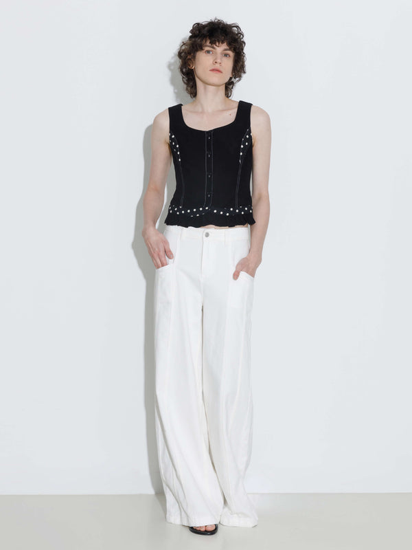 cubic Buttoned Sleeveless Color-Block Lace Vest Black