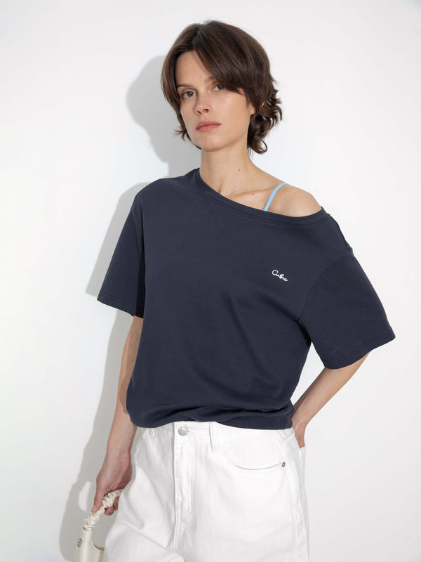 Cubic C By CUBIC Embroidered Off-Shoulder T-Shirt Navy