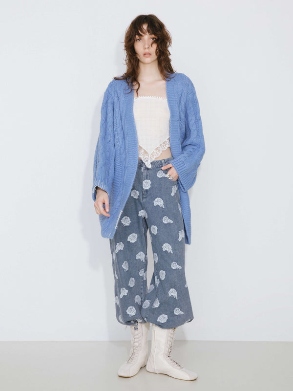 cubic Cable Knit Cardigan with Wool Blend CornflowerBlue