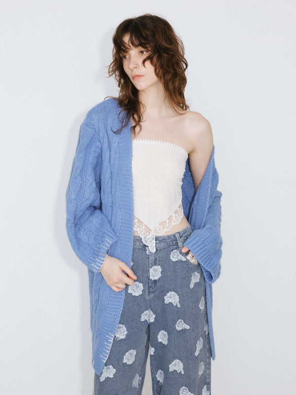 Cubic Cable Knit Cardigan With Wool Blend CornflowerBlue