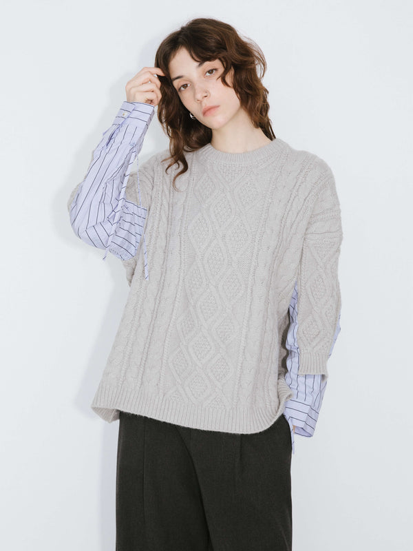 Cubic Cable Knit Jumper With Shirting Sleeves Silver
