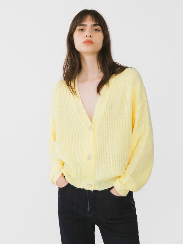 Cubic Casual V-Neck Ribbed Knit Cardigan With Wool Blend Pink