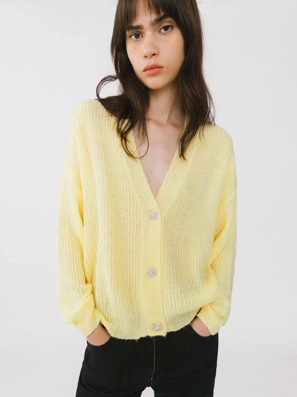 cubic Casual V-Neck Ribbed Knit Cardigan with Wool Blend Pink