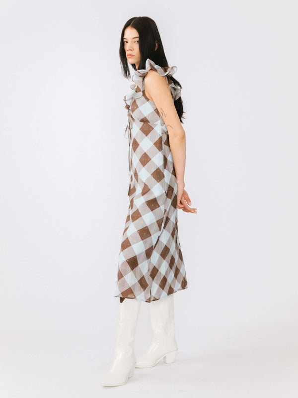 Cubic Checked V-neck Ruffled Sleeveless Dress Black