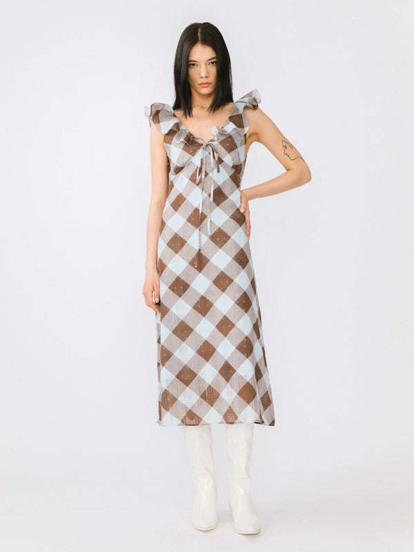 Cubic Checked V-neck Ruffled Sleeveless Dress Black