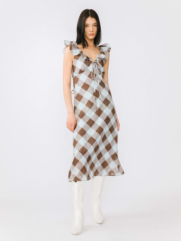 cubic Checked V-neck Ruffled Sleeveless Dress Black