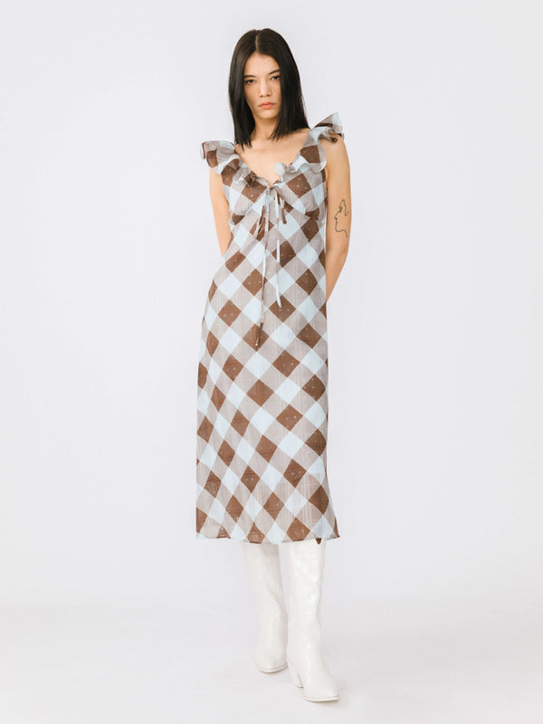 Cubic Checked V-neck Ruffled Sleeveless Dress Black