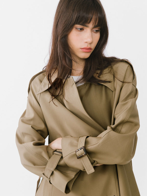 Cubic Classic Belted Double Breasted Trench Coat Tan