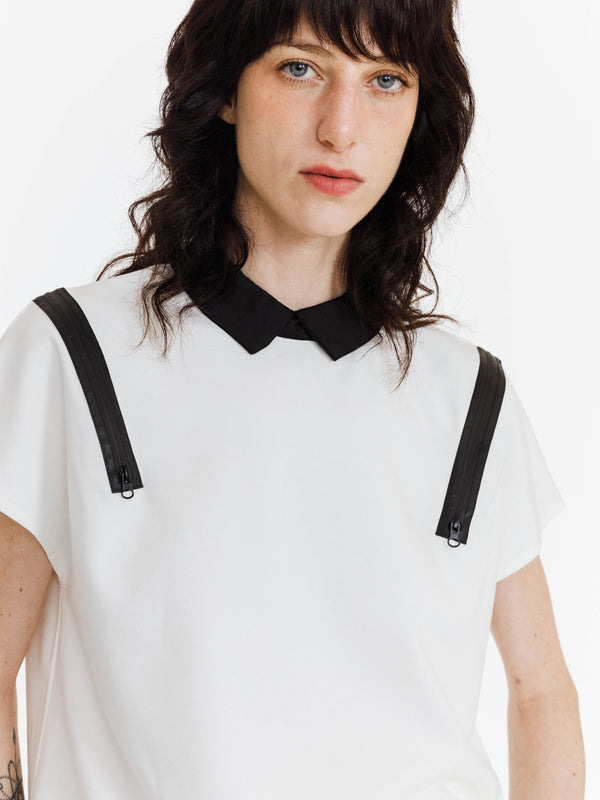 Cubic Contrast Lapel Dropped Shoulder T-shirt White