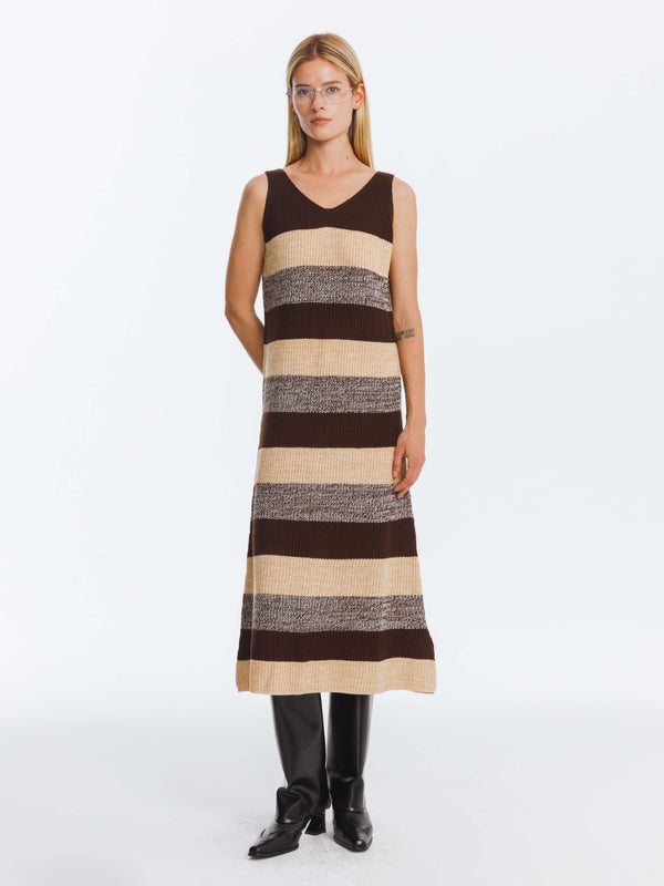 cubic Contrast Striped Knitted Sleeveless Dress Gray