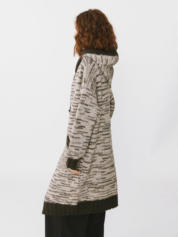 Cubic Contrasting Hooded Long Knitted Cardigan Coffee