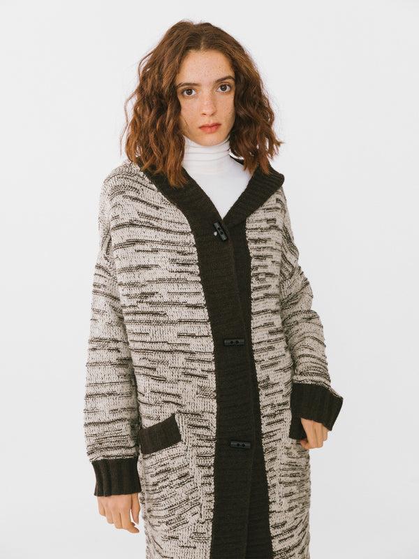 Cubic Contrasting Hooded Long Knitted Cardigan Coffee