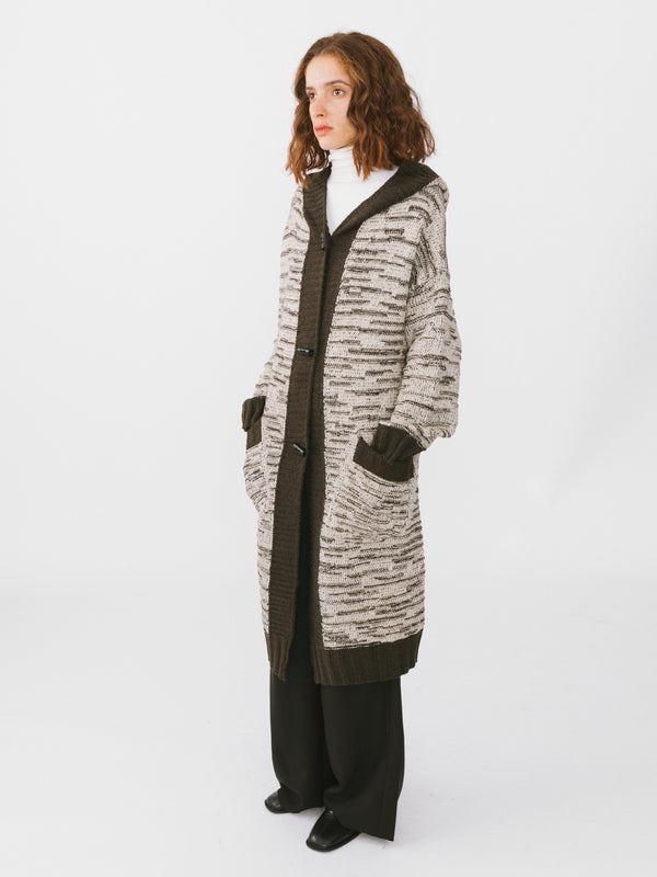 Cubic Contrasting Hooded Long Knitted Cardigan Coffee