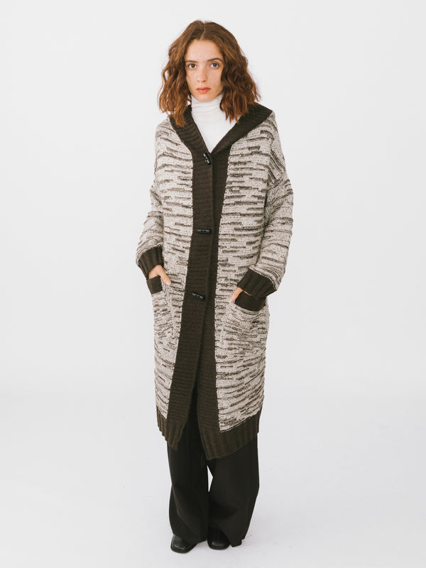 cubic Contrasting Hooded Long Knitted Cardigan Coffee